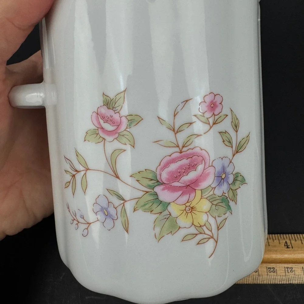 1Vtg 80s FTDA White Ceramic Floral Canister Jar w Lid Spoon Holder Tabletop READ